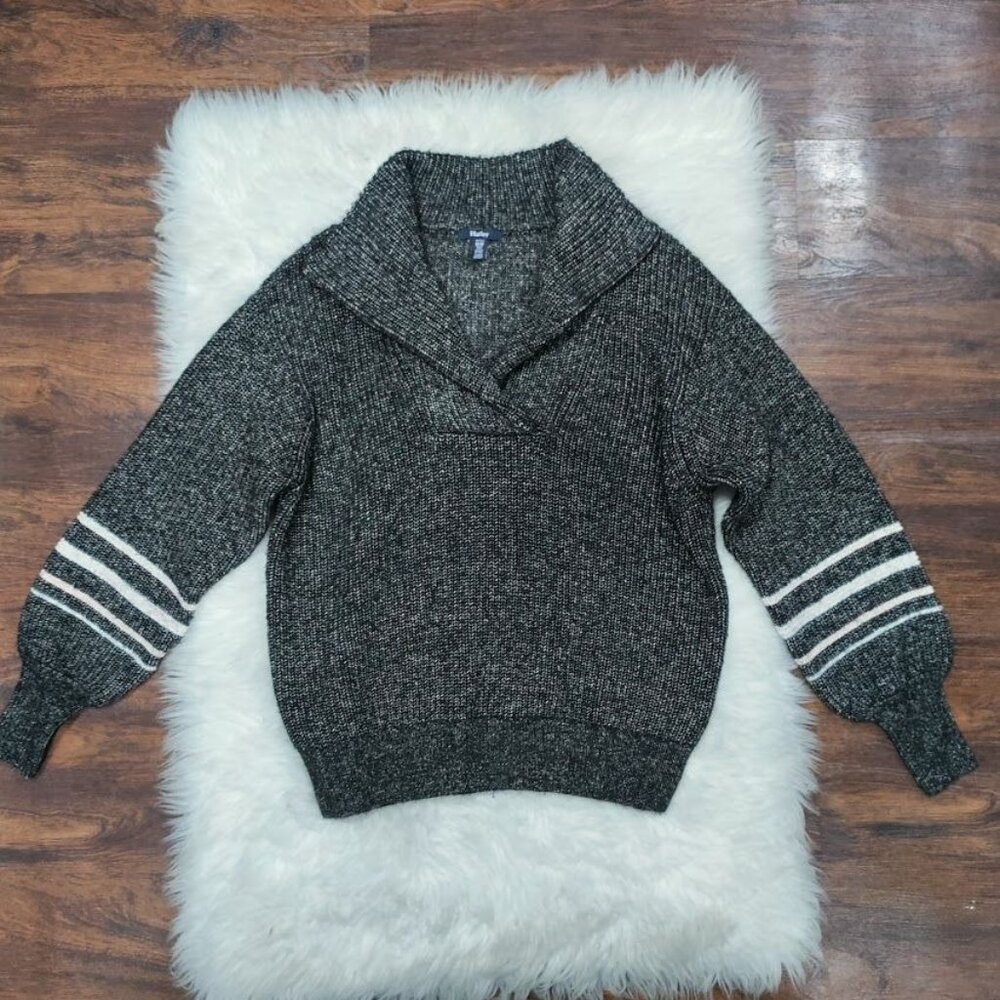 Hatley Collared V-Neck Womens Size M/M Striped Knit Pullover Sweater Gray White - Picture 2 of 11